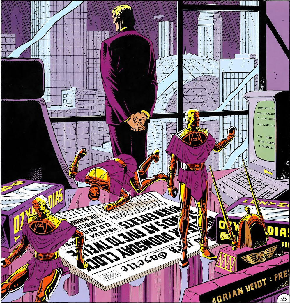 Comic book scene with characters in a high-tech office setting