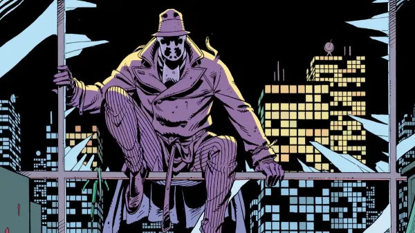 Comic book style illustration of a masked figure with a cityscape background