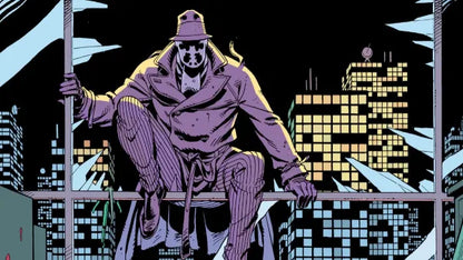 Comic book style illustration of a masked figure with a cityscape background
