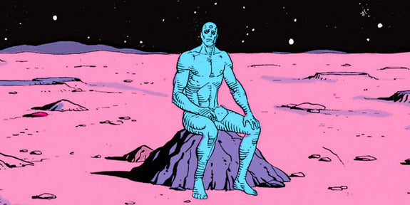Blue humanoid figure on a pink lunar surface with a starry sky