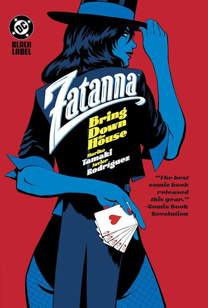 Comic book cover featuring a character in a black dress and blue hat with text on a red background.