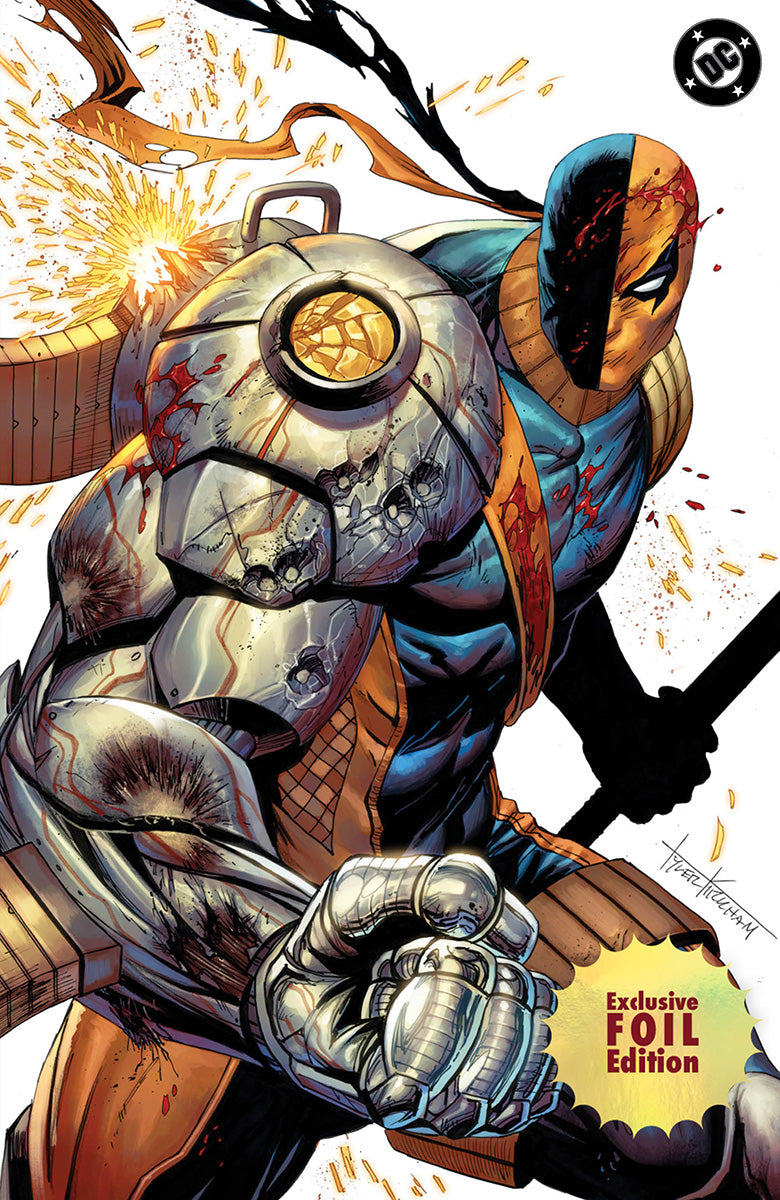 Absolute Batman #21 Tyler Kirkham battle damaged Deathstroke foil virgin variant cover – Unknown Comics exclusive