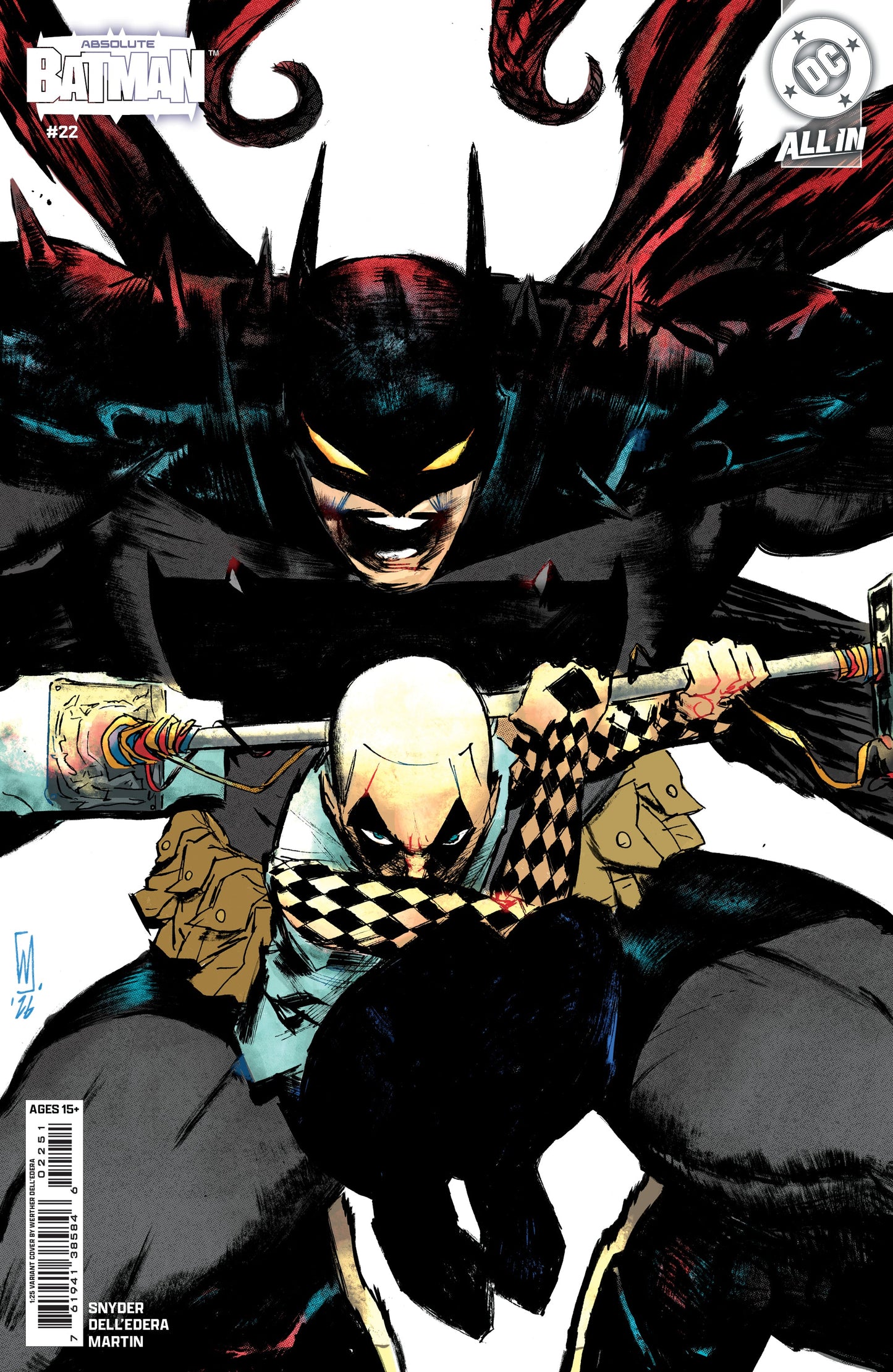 Cover of Absolute Batman #22 Cover E 1:25 Werther Dell'Edera Variant — Cover E incentive card stock art by Werther Dell'Edera featuring Batman and Harley Quinn, DC Comics 2026