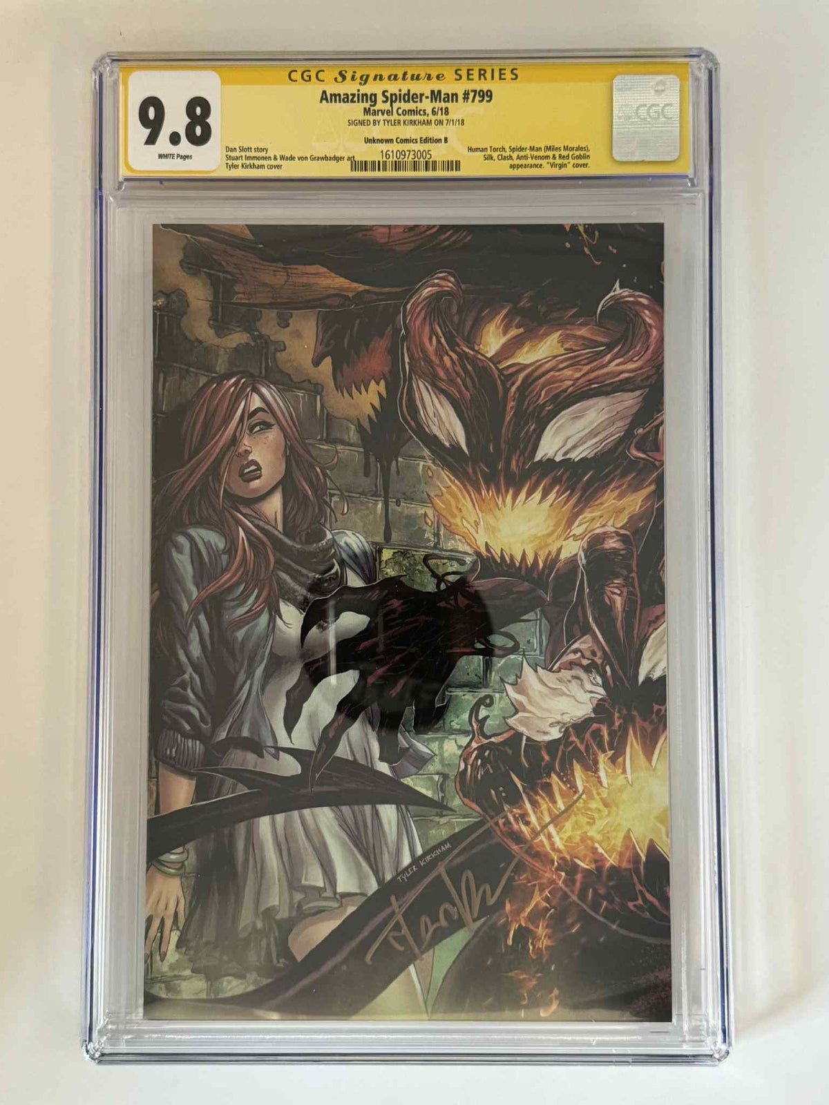Amazing Spider-Man #799 Tyler Kirkham virgin variant CGC 9.8, photo of signed copy