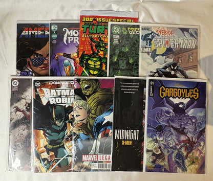 Example Auction Leftovers lot: 10 bagged and boarded comic books from mixed publishers laid out in two rows. Titles vary from lot to lot