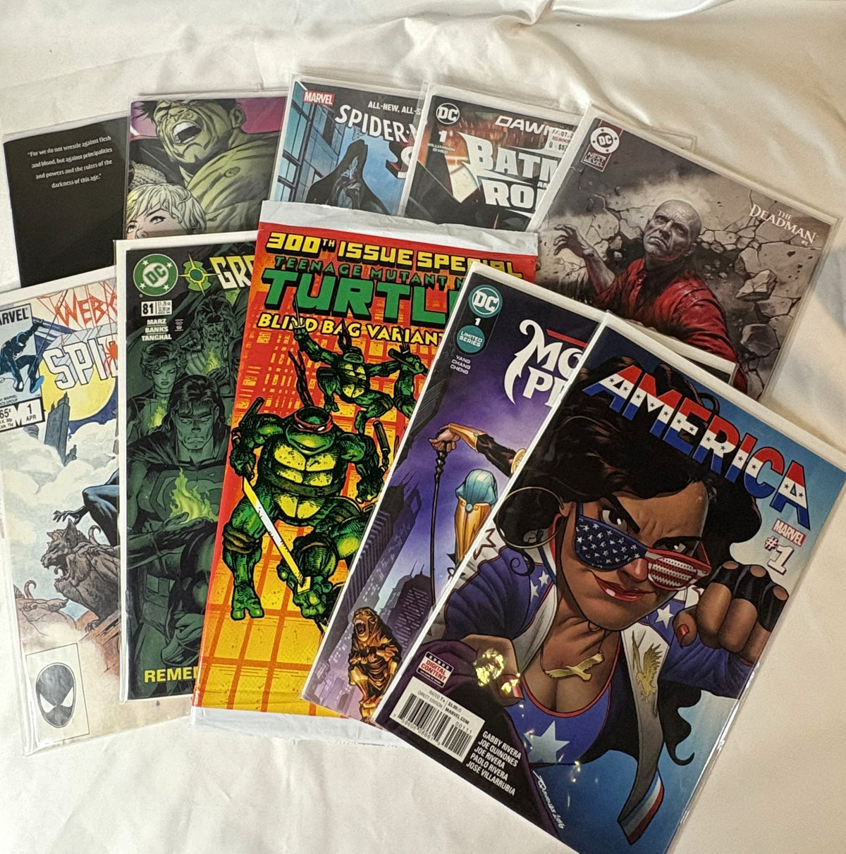 Example Auction Leftovers comic book lot fanned out on a table, each comic in a bag and board. Titles vary from lot to lot