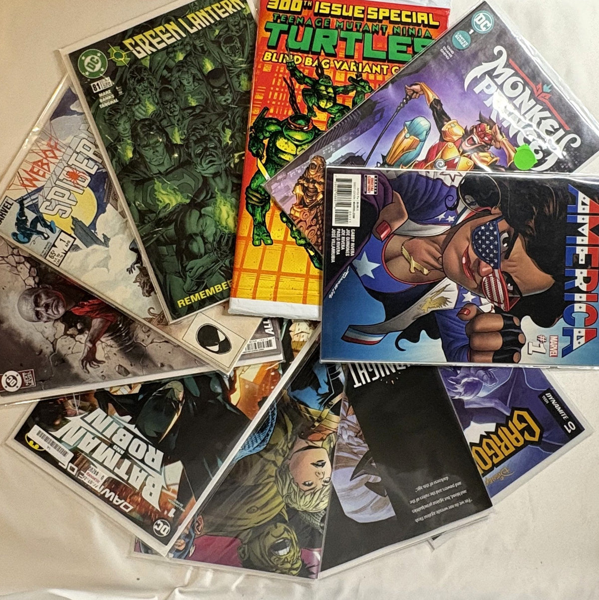 Example Auction Leftovers lot spread in a circle showing a mix of Marvel, DC and independent comics. Titles vary from lot to lot