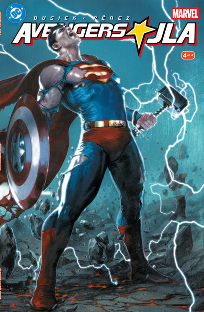 Avengers/JLA #4 Facsimile Edition Cover E by Gabriele Dell'Otto — Superman holding Captain America's shield and Thor's hammer in a lightning storm