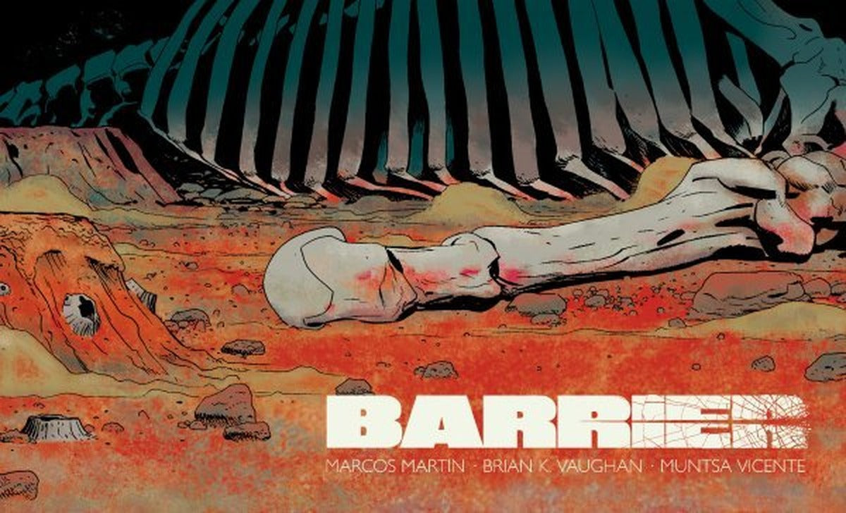 Barrier #2 cover by Marcos Martin - skeletal remains on red desert ground, from the Harvey Award-winning Barrier by Brian K. Vaughan