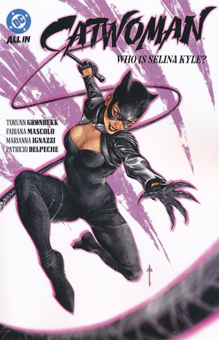 Cover of Catwoman Vol 1: Who Is Selina Kyle? TPB – Sebastian Fiumara art featuring Catwoman leaping with her whip against a purple slashed background, DC Comics 2025