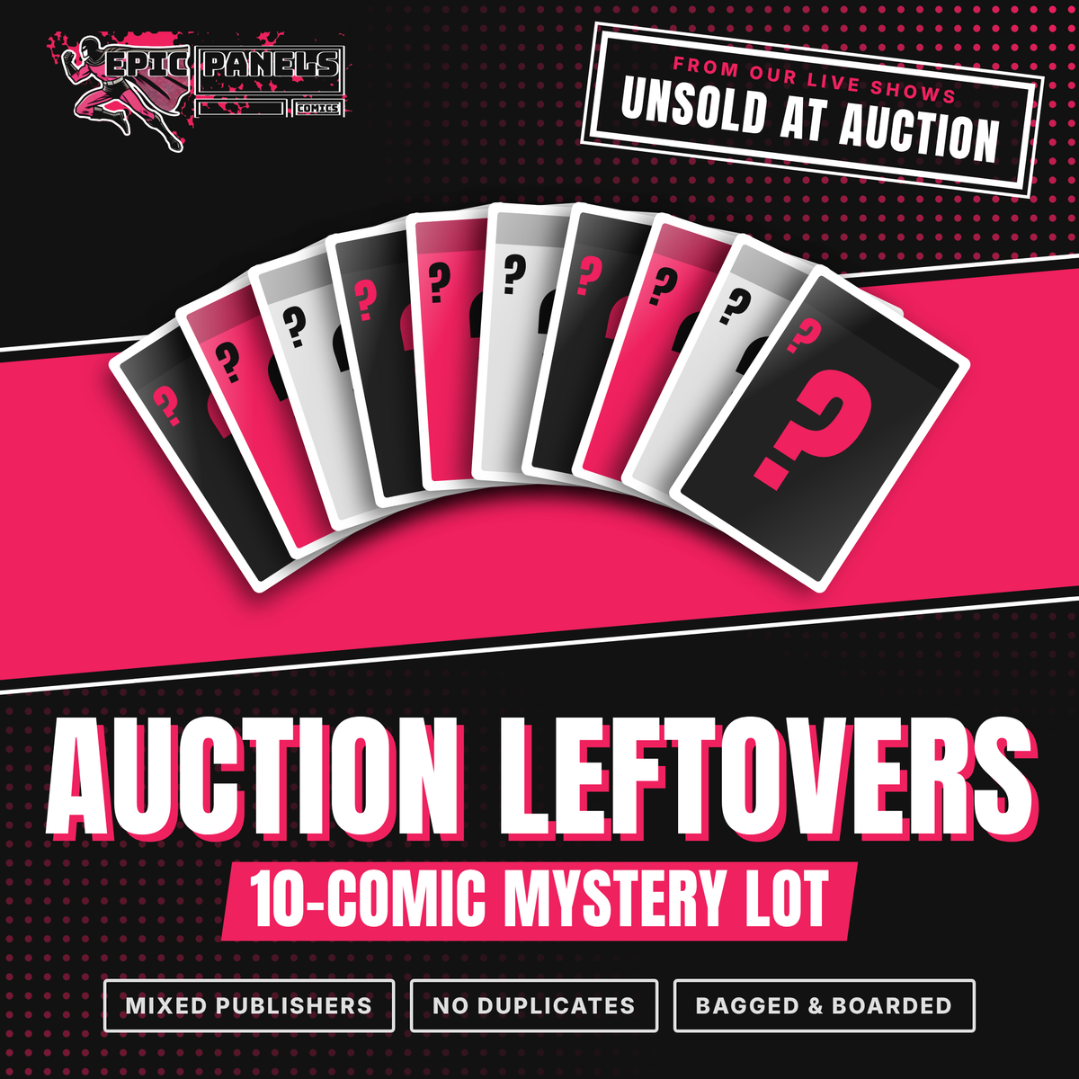 Auction Leftovers comic book lot from Epic Panels Comics: 10 mystery comics, mixed publishers, no duplicates, bagged and boarded