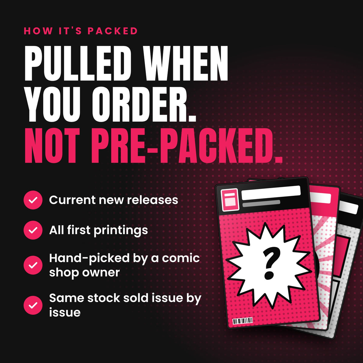 Infographic: comic mystery bundle is pulled when you order from current new releases, not pre-packed