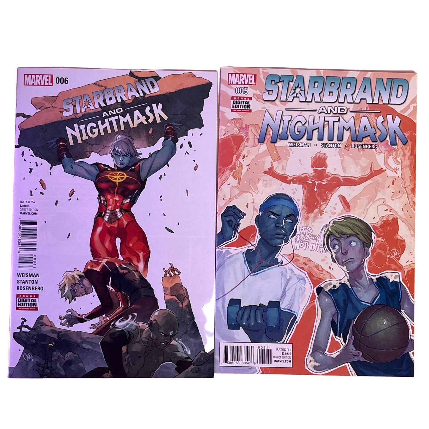 Two comic book covers featuring Starbrand and Nightmask on a wooden surface.