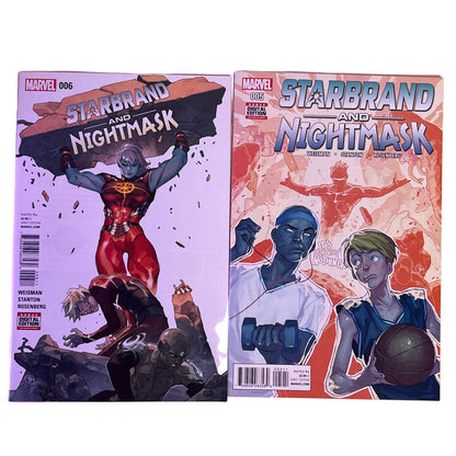Two comic book covers featuring Starbrand and Nightmask on a wooden surface.