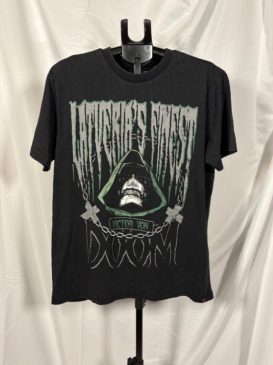 Doctor Doom Latveria's Finest RSVLTS tee, full front on hanger