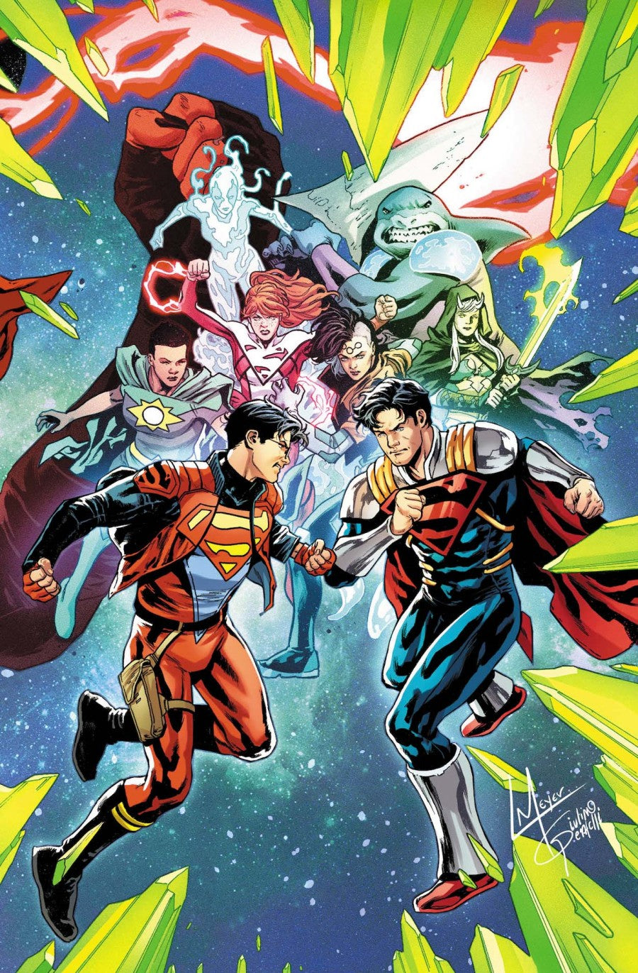 Cover of Superman #42 Cover A Lucas Meyer Connecting — connecting cover art by Lucas Meyer featuring the Super-Family bursting through kryptonite crystals, DC Comics 2026