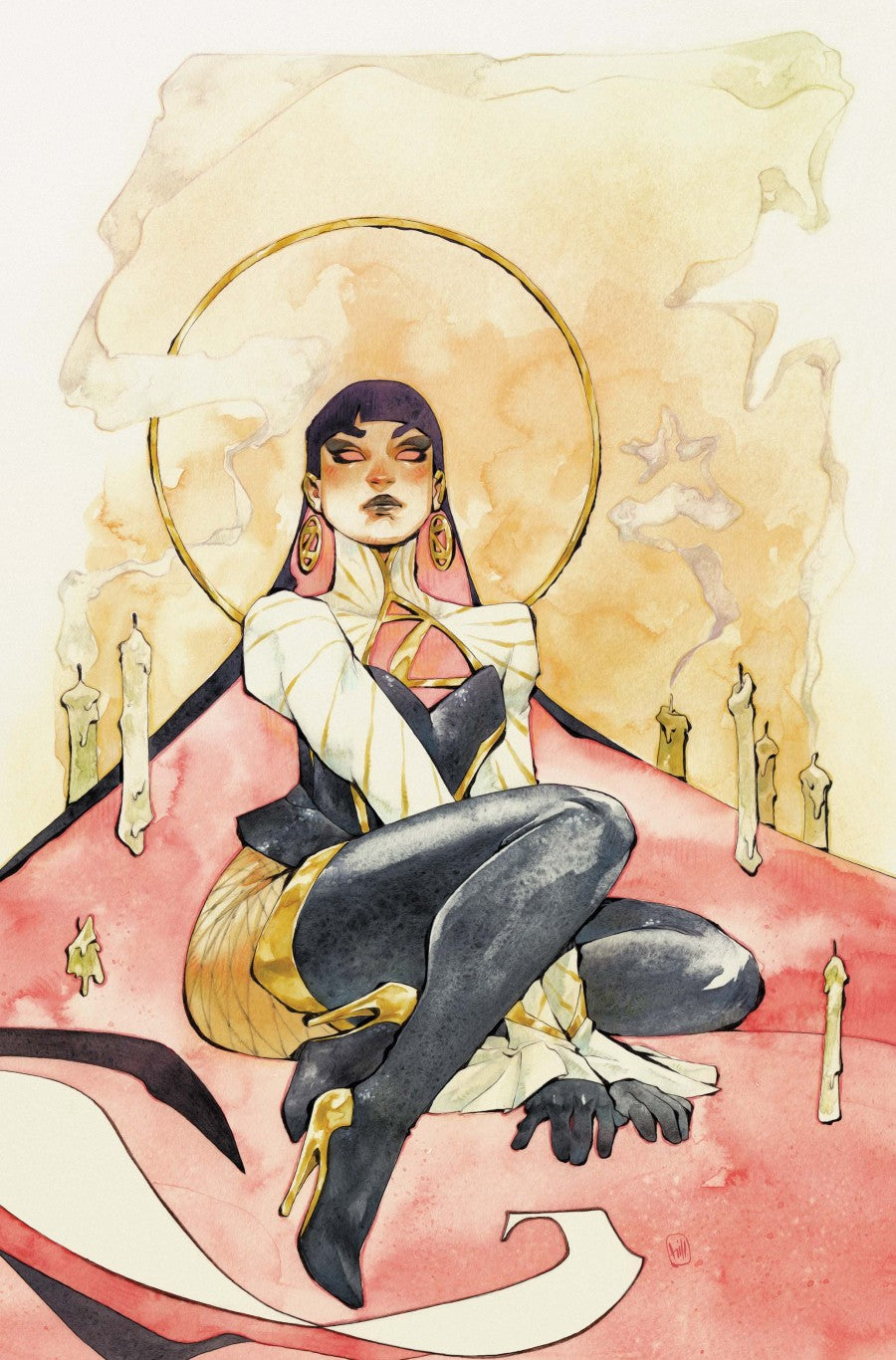 Cover of Zatanna #6 Cover D Chuma Hill Variant — watercolor-style variant art by Chuma Hill featuring Zatanna seated among candles beneath a golden halo, DC Comics 2026