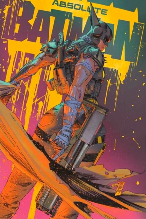 Cover of Absolute Batman #24 Cover B Clay Mann Variant — card stock variant art by Clay Mann featuring a side-profile Batman against an orange and pink splatter background, DC Comics 2026
