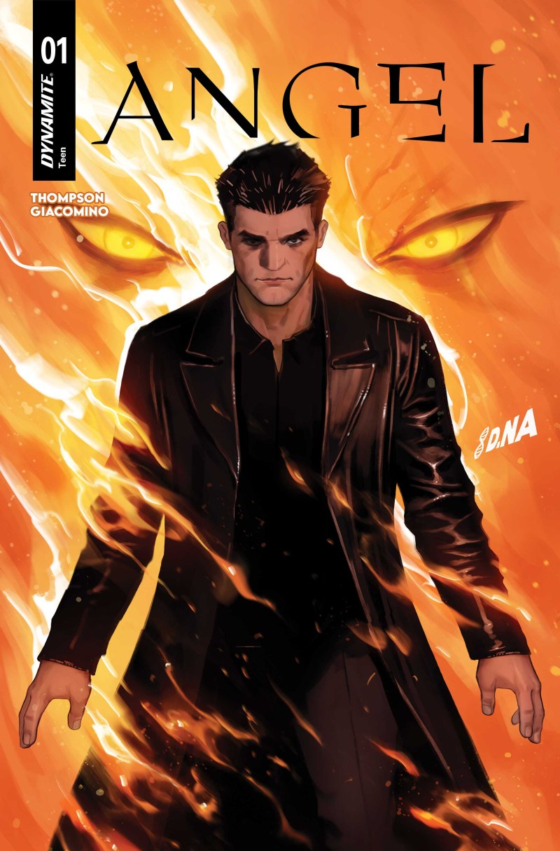 Cover of Angel #1 Cover A David Nakayama — main cover art by David Nakayama featuring Angel walking through flames with demonic yellow eyes behind him, Dynamite Entertainment 2026