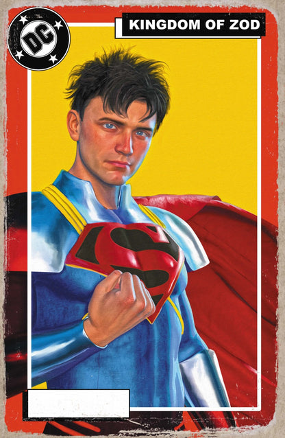 Cover of Superman #42 Cover E Mark Spears Foil Variant — foil trading-card variant art by Mark Spears featuring a young Superman portrait with Kingdom of Zod card styling, DC Comics 2026