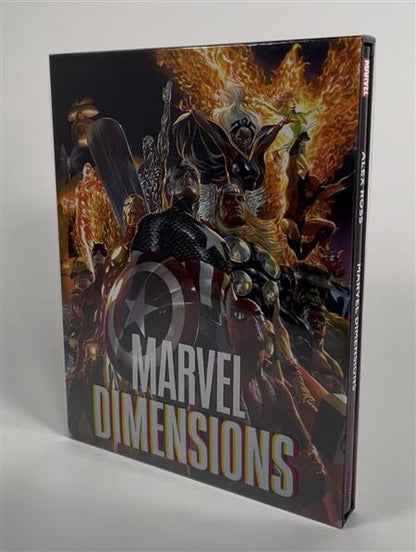 Cover of Marvel Dimensions Hardcover Lunar Exclusive Edition – Alex Ross painted art featuring Captain America, Thor, Phoenix and the Marvel heroes in an acetate slipcase, Abrams ComicArts 2026