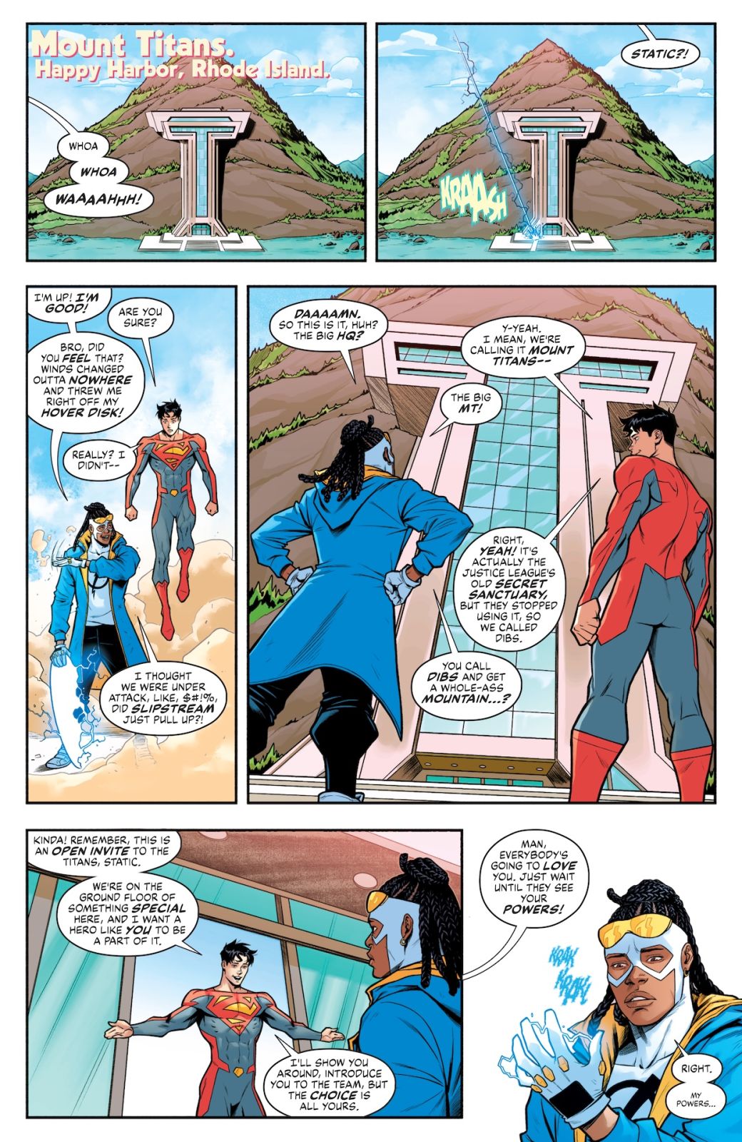 New Titans #38 interior preview — Static arrives at Mount Titans and meets Jon Kent