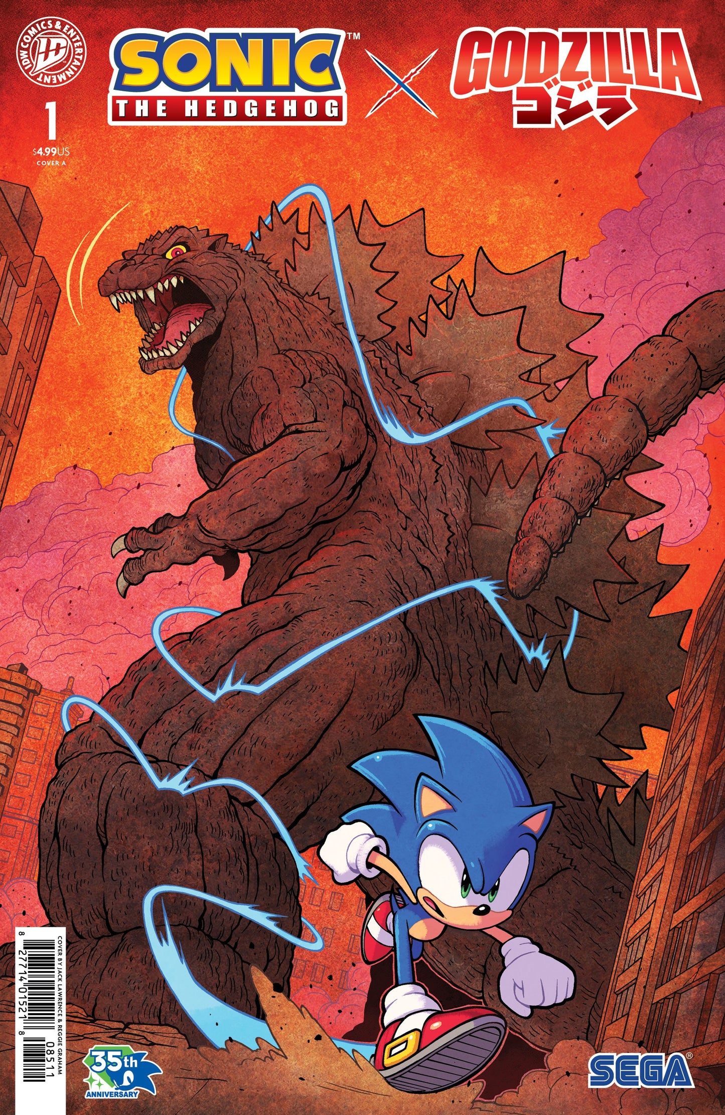 Cover of Sonic the Hedgehog x Godzilla #1 — Cover A art by Jack Lawrence featuring Sonic facing Mechagodzilla and Mothra, IDW Publishing 2026