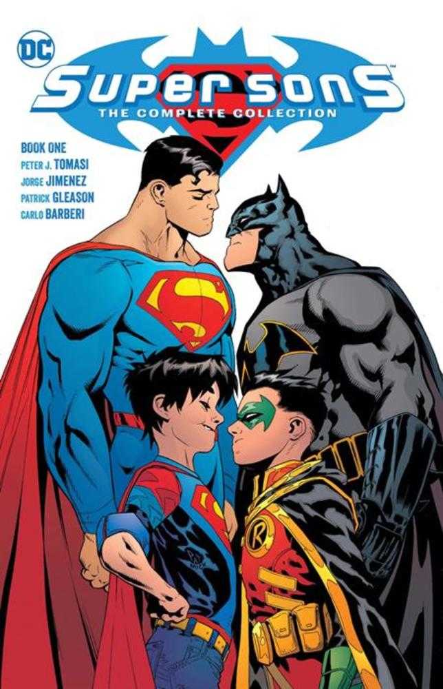 Cover of Super Sons: The Complete Collection Book 1 TPB – Jorge Jiménez art featuring Robin and Superboy leaping into action together, DC Comics 2024