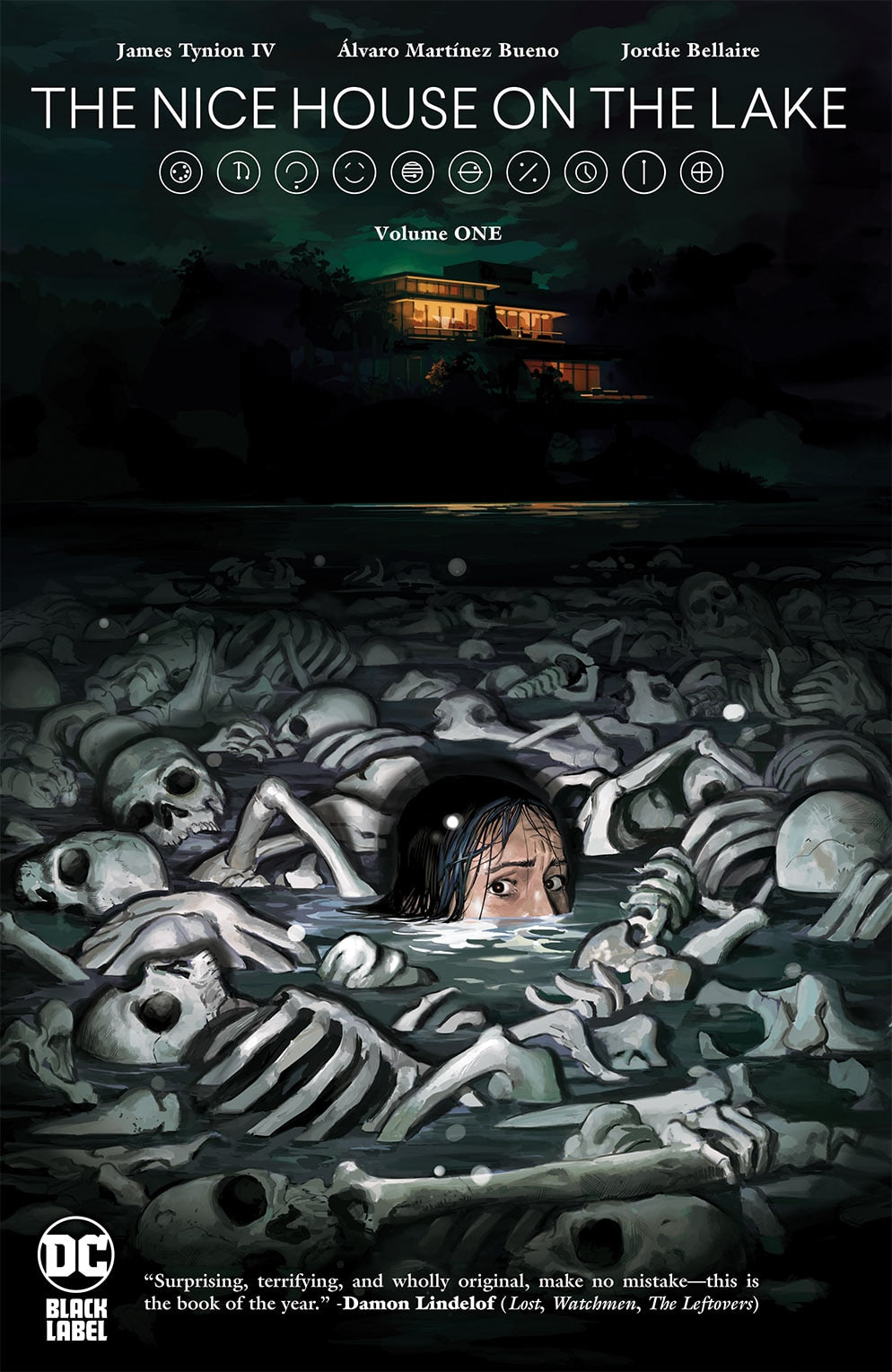 Cover of The Nice House on the Lake Vol 1 TPB – Álvaro Martínez Bueno art featuring the lake house guests and Walter beneath an ominous sky, DC Black Label 2022