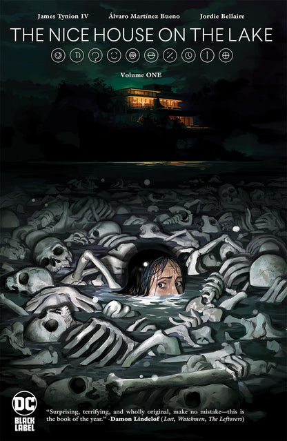 Cover of The Nice House on the Lake Vol 1 TPB – Álvaro Martínez Bueno art featuring the lake house guests and Walter beneath an ominous sky, DC Black Label 2022