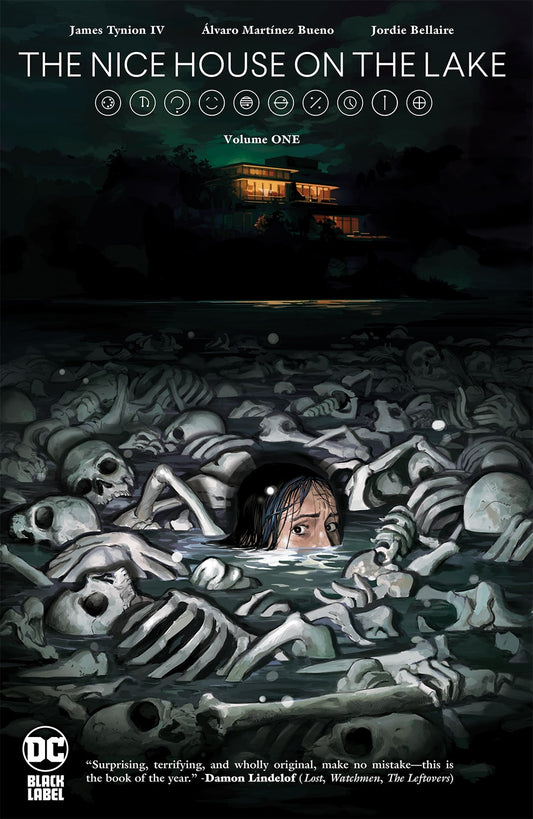 Cover of The Nice House on the Lake Vol 1 TPB – Álvaro Martínez Bueno art featuring the lake house guests and Walter beneath an ominous sky, DC Black Label 2022