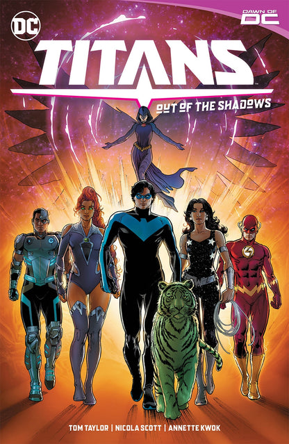 Cover of Titans Vol 1: Out of the Shadows TPB – Nicola Scott art featuring Nightwing, Starfire, Beast Boy, Raven, Cyborg, Donna Troy and Flash, DC Comics 2024